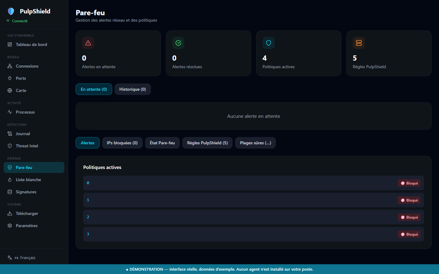 Firewall rules applied automatically by PulpShield, with reason and timestamp